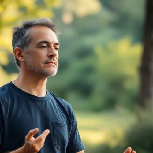 Practicing tecniche mente corpo with deep breathing outdoors to enhance mental and physical harmony for improved wellbeing.