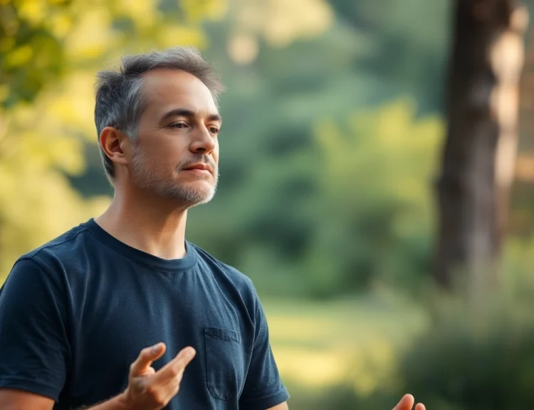 Practicing tecniche mente corpo with deep breathing outdoors to enhance mental and physical harmony for improved wellbeing.