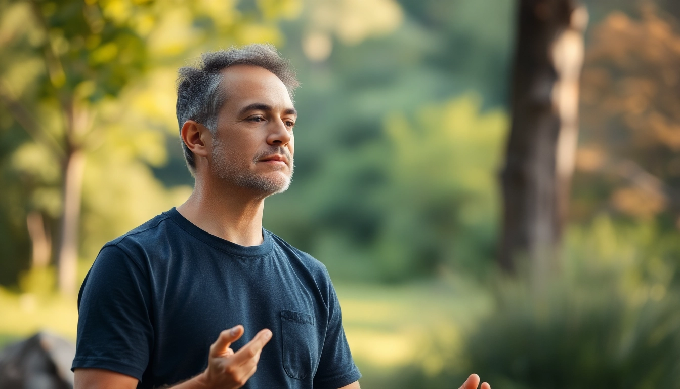 Practicing tecniche mente corpo with deep breathing outdoors to enhance mental and physical harmony for improved wellbeing.