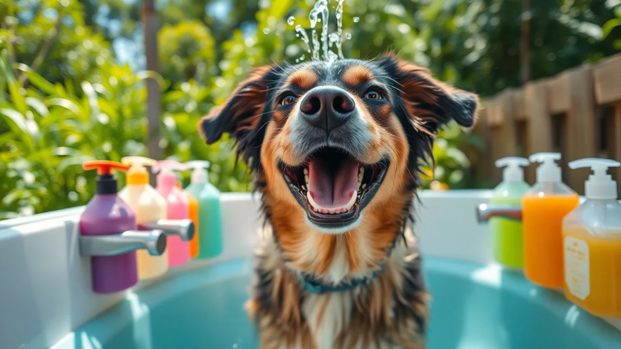 Wash your dog near me at a vibrant outdoor dog wash station with bright colors and playful splashes.