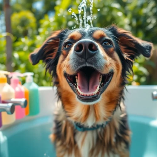 Wash your dog near me at a vibrant outdoor dog wash station with bright colors and playful splashes.