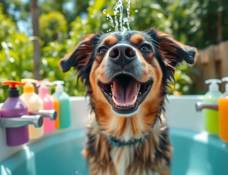 Wash your dog near me at a vibrant outdoor dog wash station with bright colors and playful splashes.
