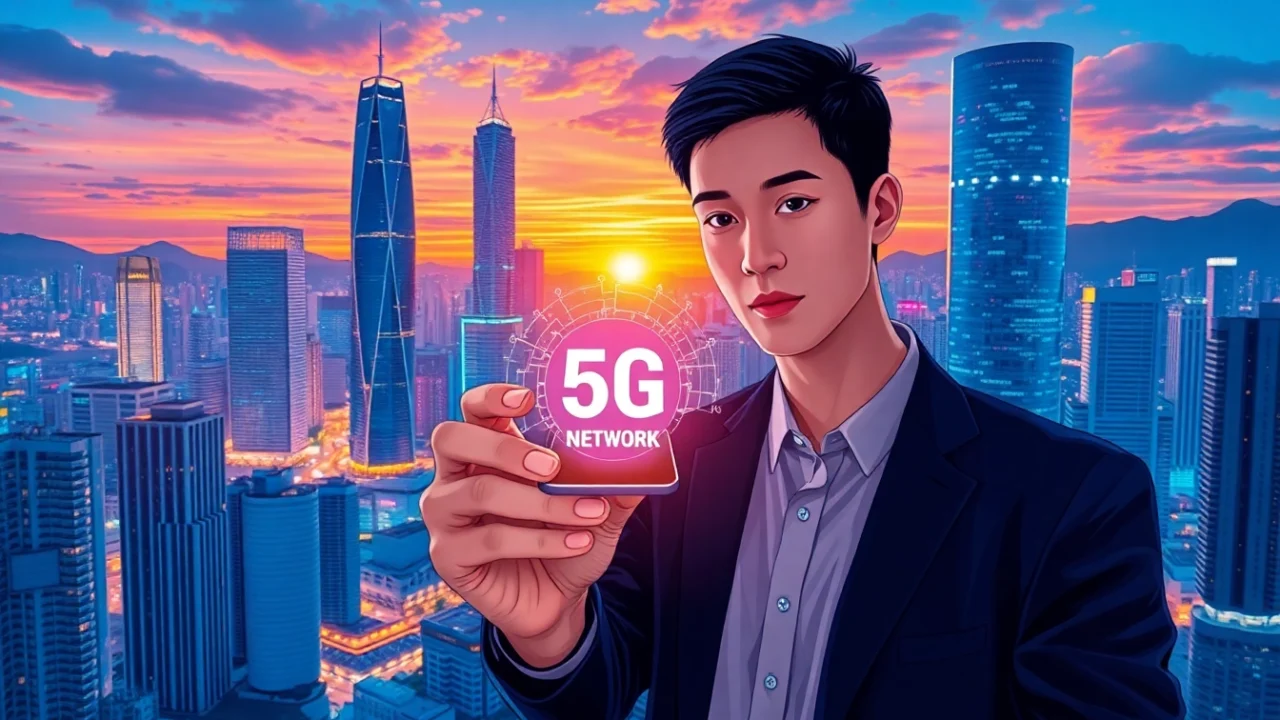 香港市區夜景，展示手機連接5G網絡，數據流動與城市繁忙景象融合，象徵高速連接與科技進步