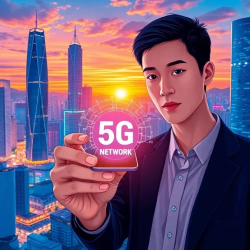 香港市區夜景，展示手機連接5G網絡，數據流動與城市繁忙景象融合，象徵高速連接與科技進步
