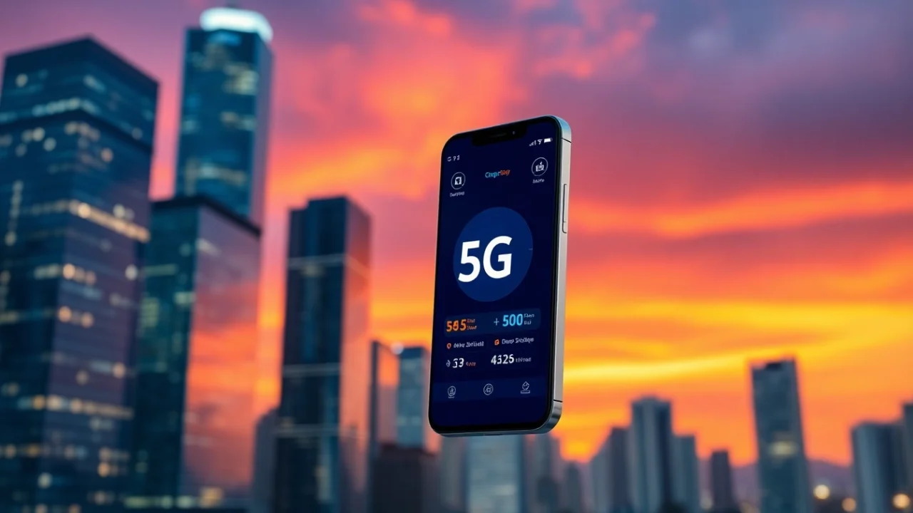 展示5G網絡界面的現代智能手機，背景是熙熙攘攘的城市天際線。