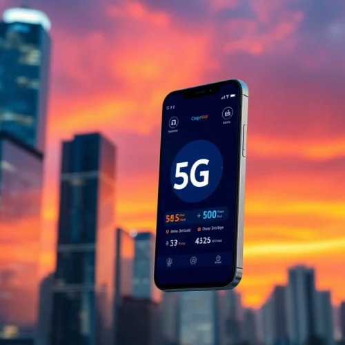 展示5G網絡界面的現代智能手機，背景是熙熙攘攘的城市天際線。
