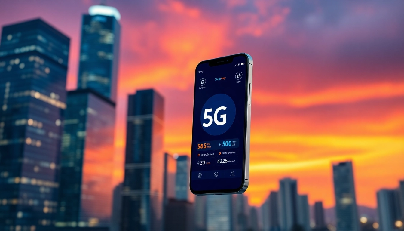 展示5G網絡界面的現代智能手機，背景是熙熙攘攘的城市天際線。