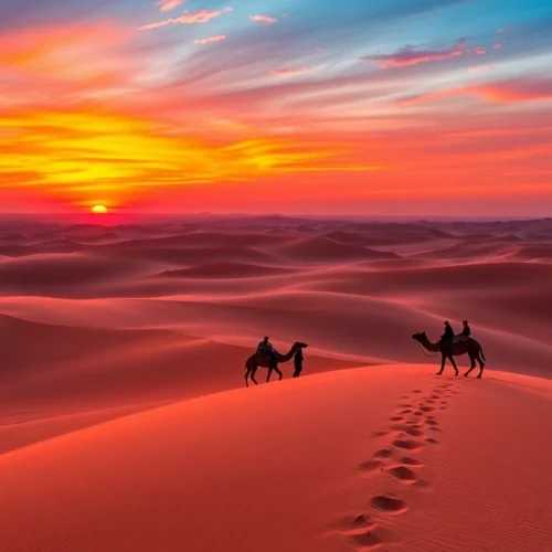 Experience Morocco Private Tours with breathtaking sunset views of the Sahara desert dunes and camel rides in Merzouga.
