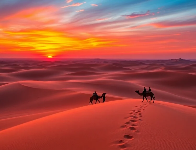 Experience Morocco Private Tours with breathtaking sunset views of the Sahara desert dunes and camel rides in Merzouga.