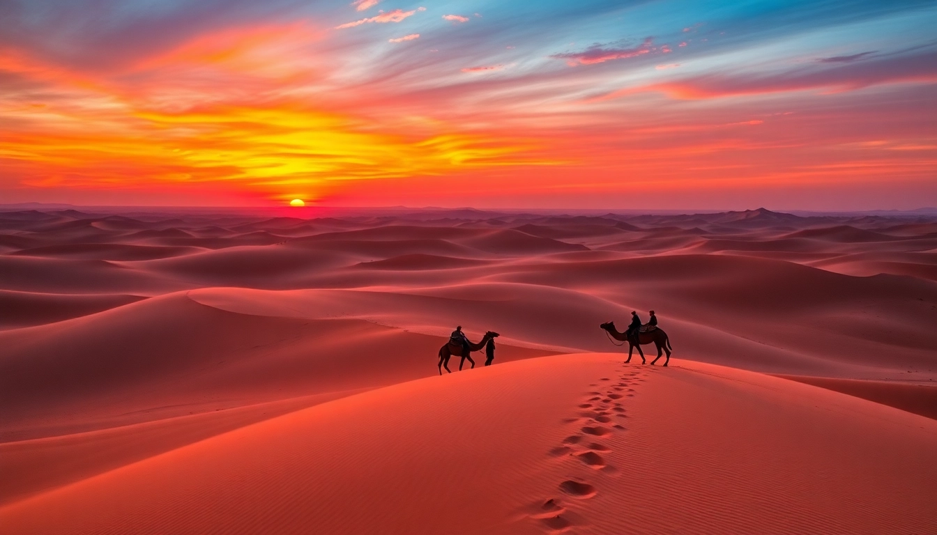 Experience Morocco Private Tours with breathtaking sunset views of the Sahara desert dunes and camel rides in Merzouga.
