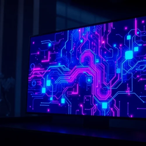 Futuristic AI interface on a high-tech screen with vibrant neon colors, symbolizing digital intimacy and innovation.
