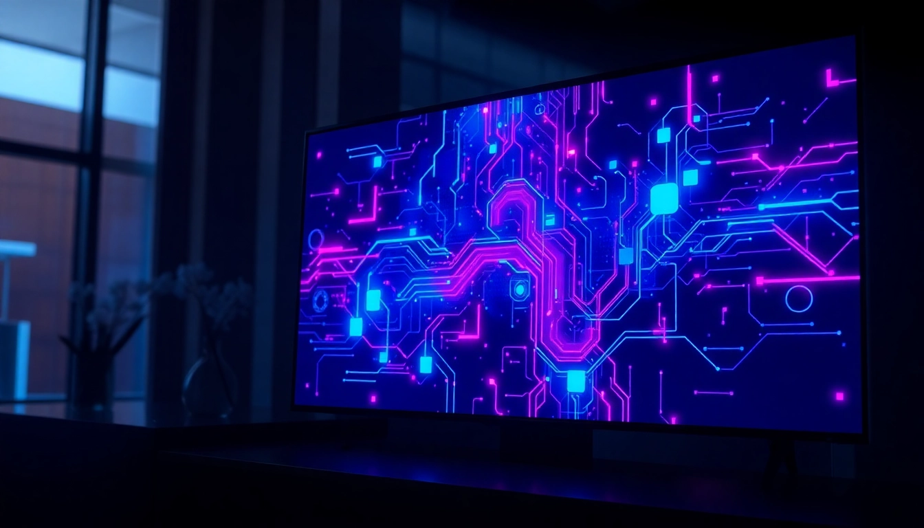 Futuristic AI interface on a high-tech screen with vibrant neon colors, symbolizing digital intimacy and innovation.