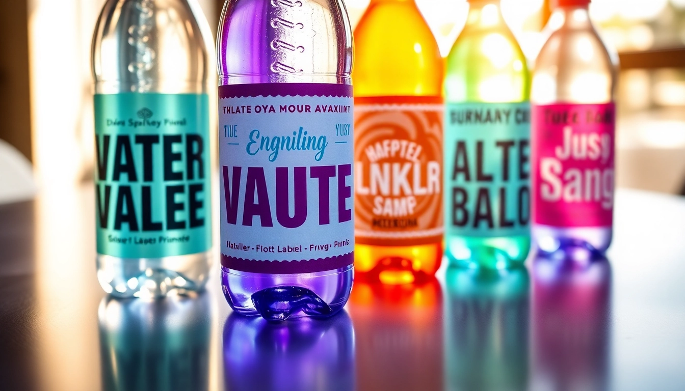 High-quality custom water bottle labels displaying personalized designs, ideal for events and marketing, showcasing waterproof features and vibrant colors for high visibility.
