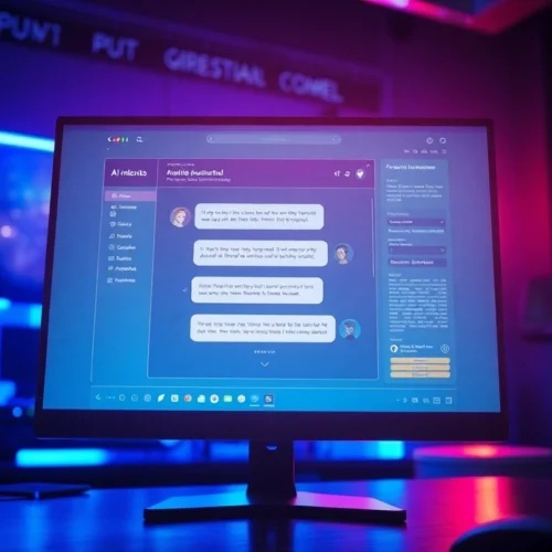 An advanced computer screen displaying a vibrant AI chat interface with animated characters in a dimly lit, futuristic room.