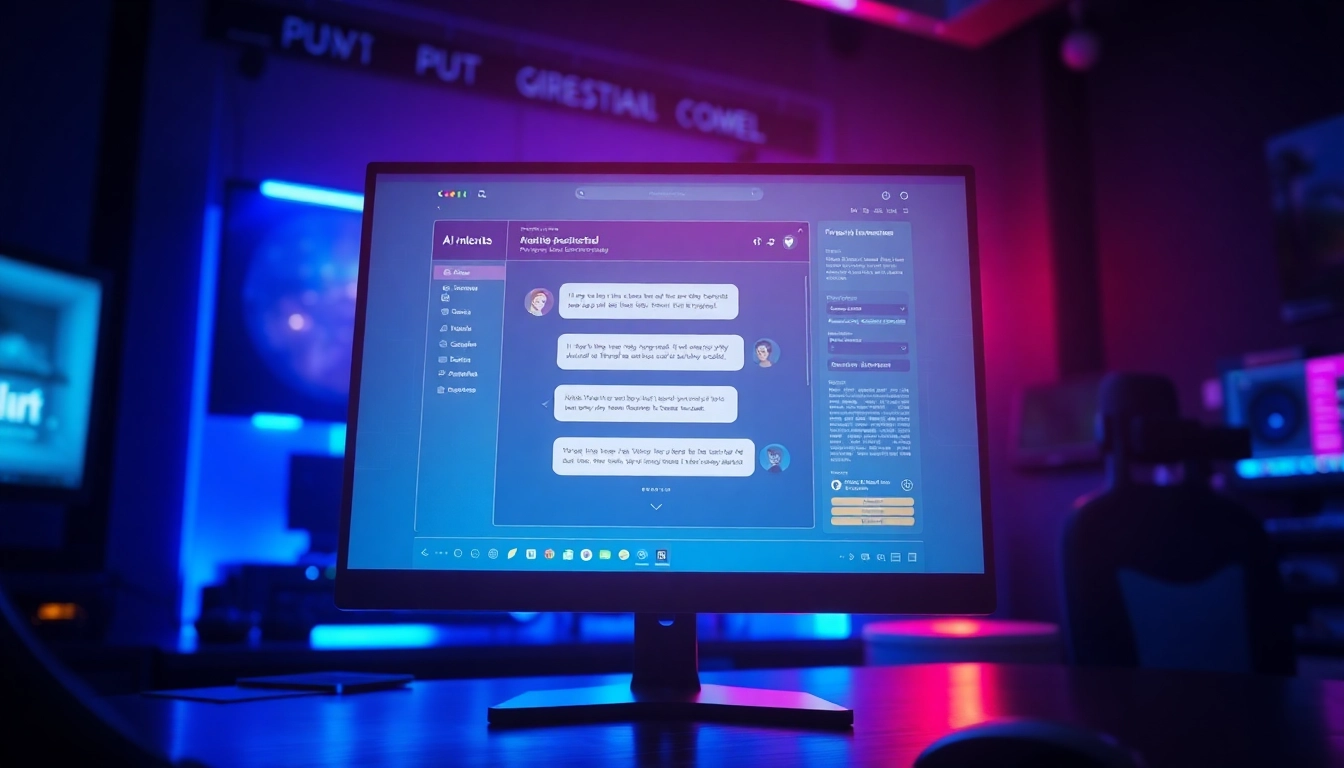 An advanced computer screen displaying a vibrant AI chat interface with animated characters in a dimly lit, futuristic room.