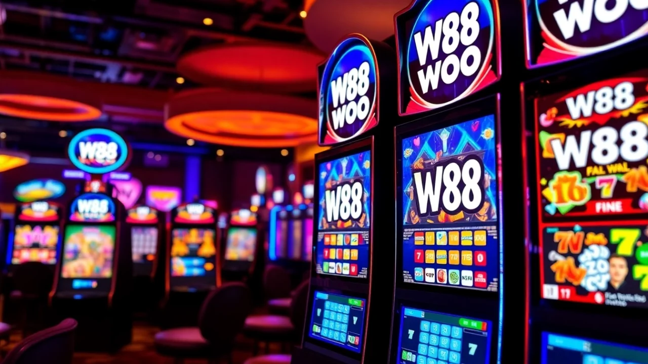 W88 online casino platform showcasing live betting and gaming interfaces, user engaging with colorful graphics, action buttons, welcoming atmosphere.