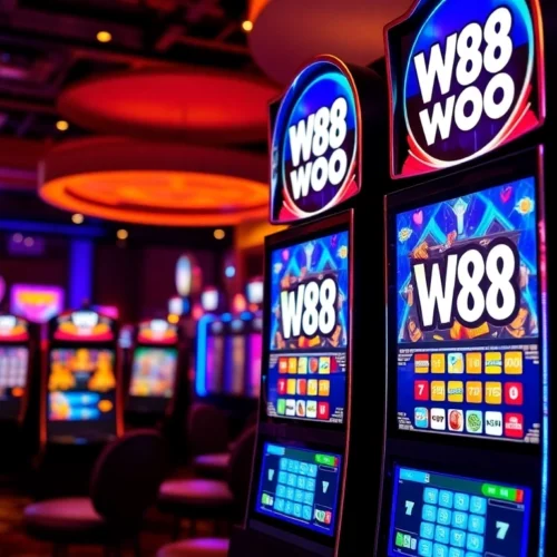 W88 online casino platform showcasing live betting and gaming interfaces, user engaging with colorful graphics, action buttons, welcoming atmosphere.