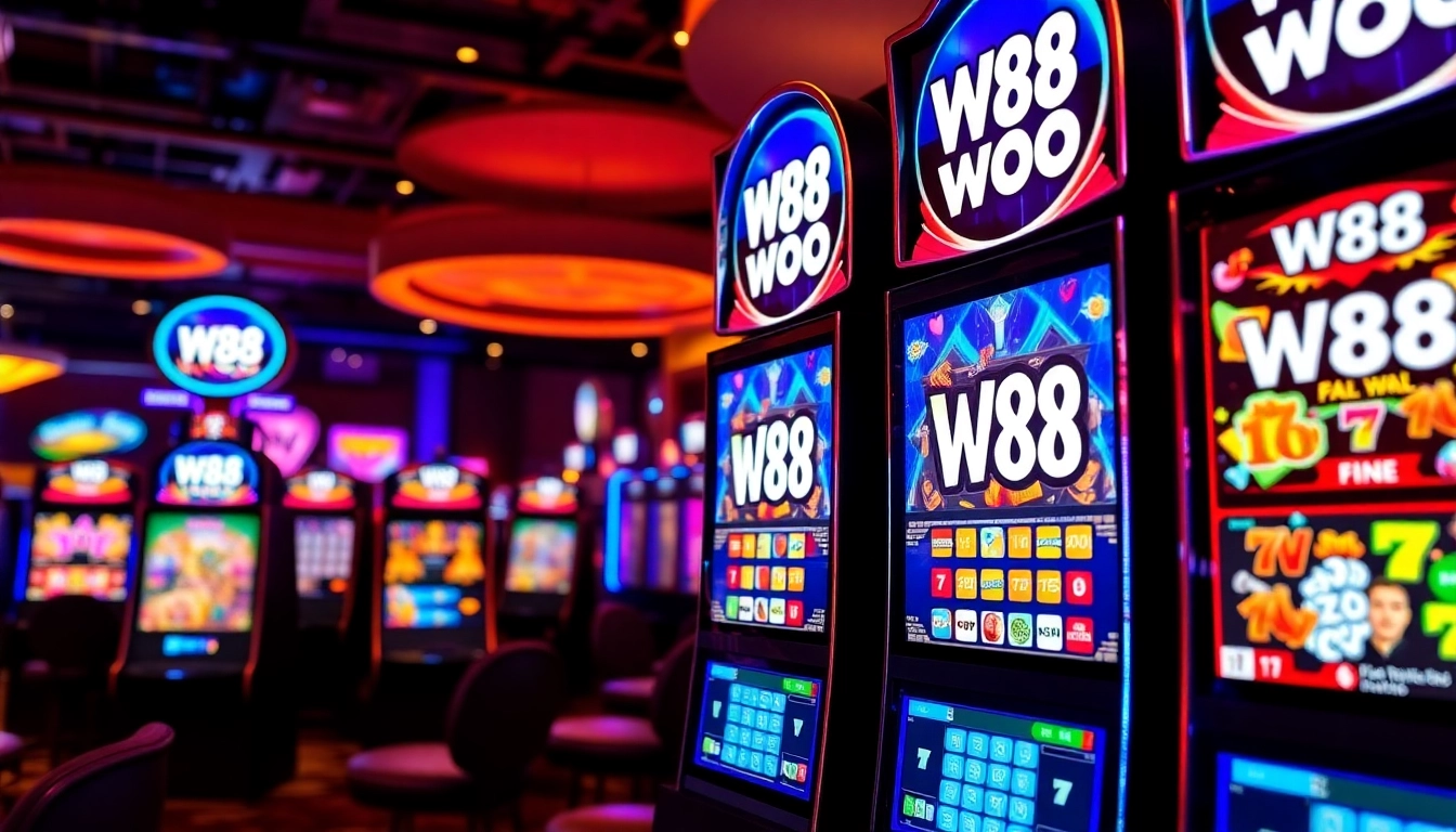 W88 online casino platform showcasing live betting and gaming interfaces, user engaging with colorful graphics, action buttons, welcoming atmosphere.