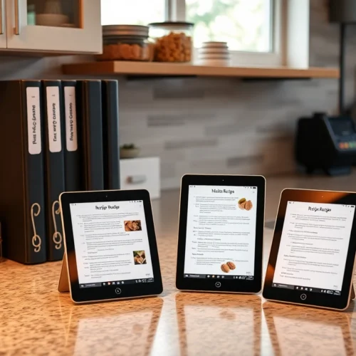 A well-organized recipe collection with digital and physical tools enhancing kitchen efficiency, showcasing organized recipes seamlessly integrated into daily cooking.