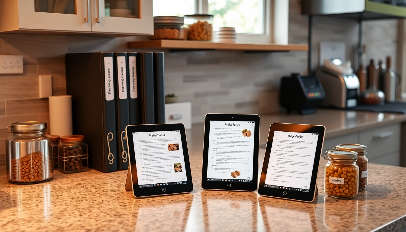 A well-organized recipe collection with digital and physical tools enhancing kitchen efficiency, showcasing organized recipes seamlessly integrated into daily cooking.