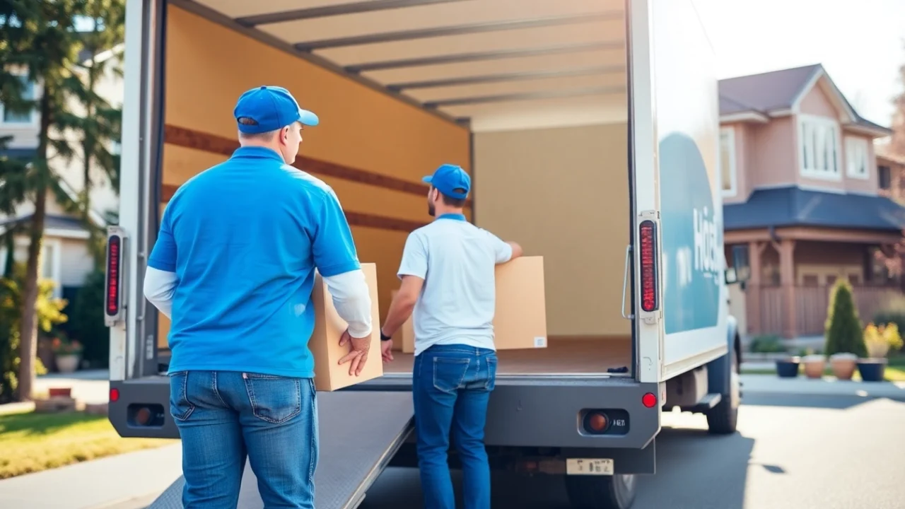 Apex Affordable Relocation Services in Calgary showcasing a friendly moving team handling belongings with care during daylight.