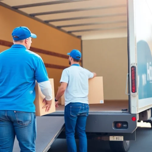 Apex Affordable Relocation Services in Calgary showcasing a friendly moving team handling belongings with care during daylight.