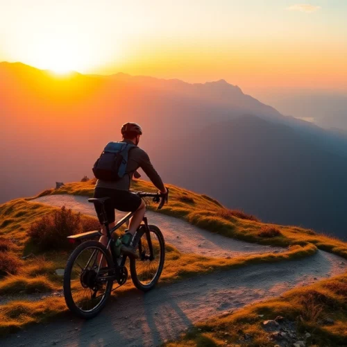 Trek outdoor mountain bike riding along rugged trail at sunrise, emphasizing durability and adventure.