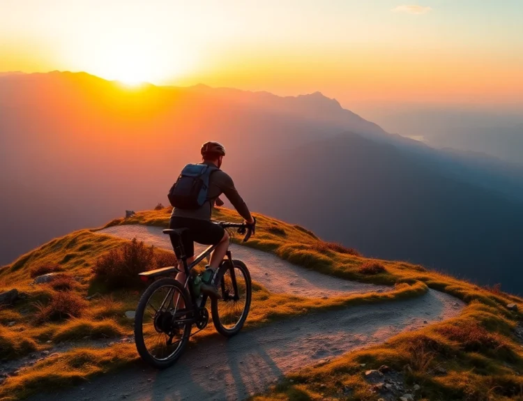 Trek outdoor mountain bike riding along rugged trail at sunrise, emphasizing durability and adventure.