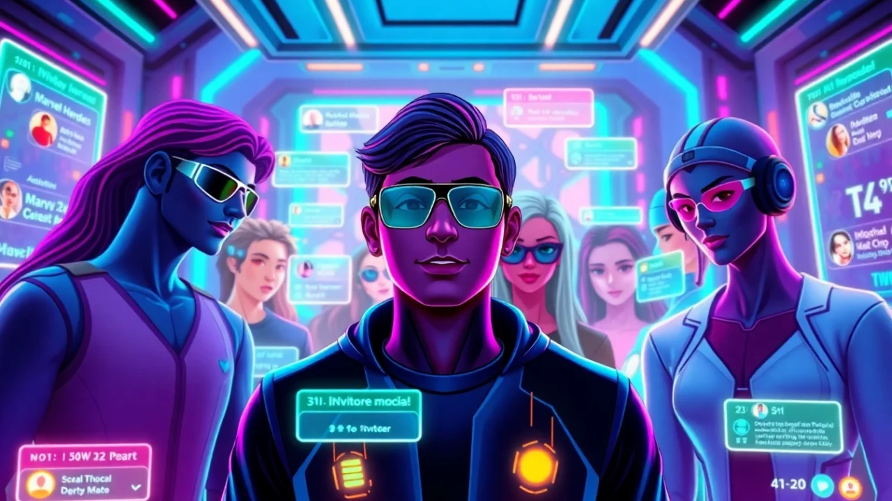 Futuristic virtual social media scene with avatars and holographic interfaces in vibrant colors