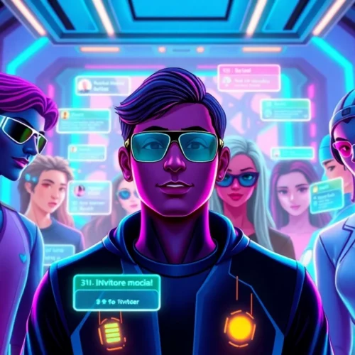 Futuristic virtual social media scene with avatars and holographic interfaces in vibrant colors
