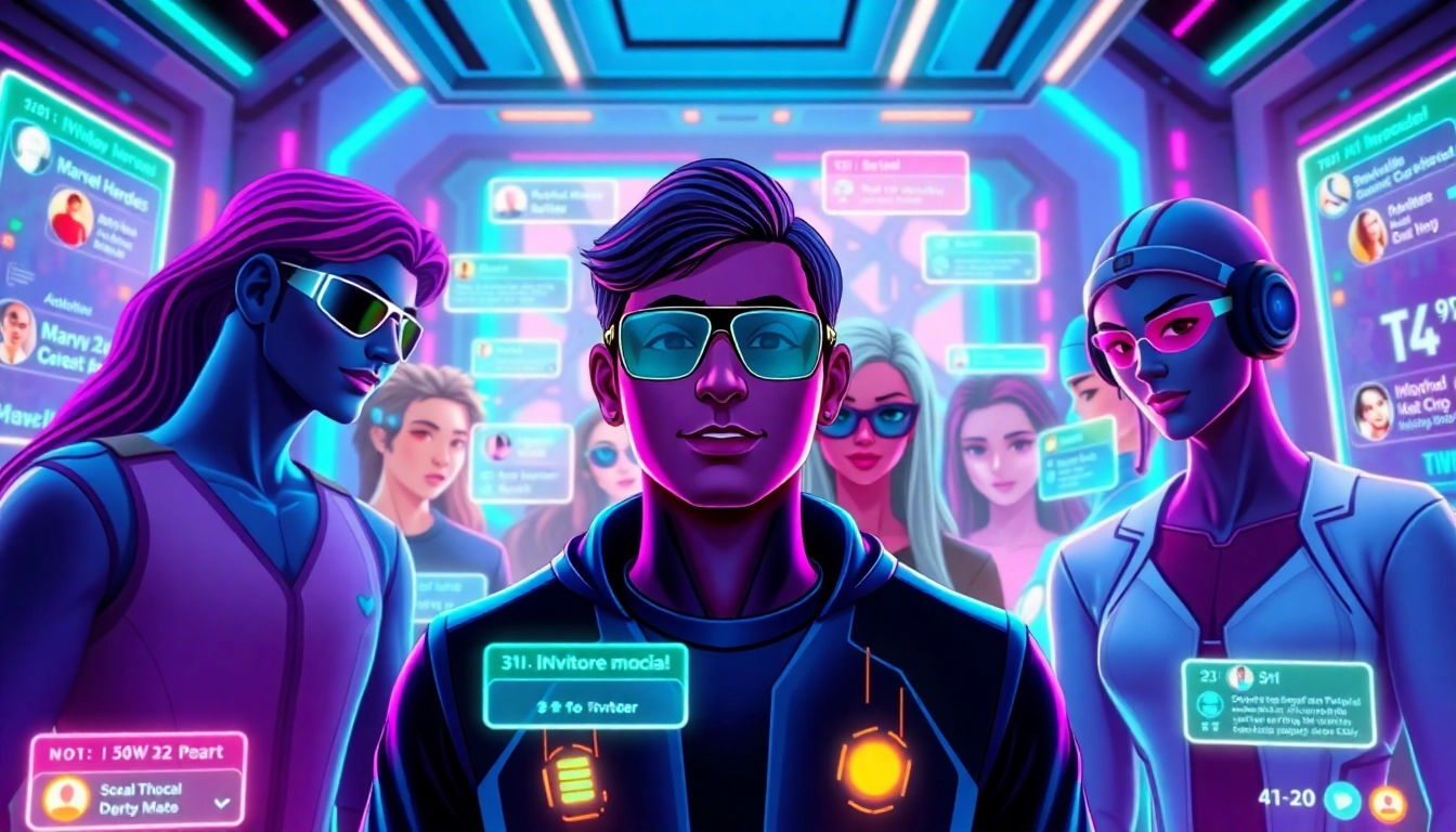 Futuristic virtual social media scene with avatars and holographic interfaces in vibrant colors