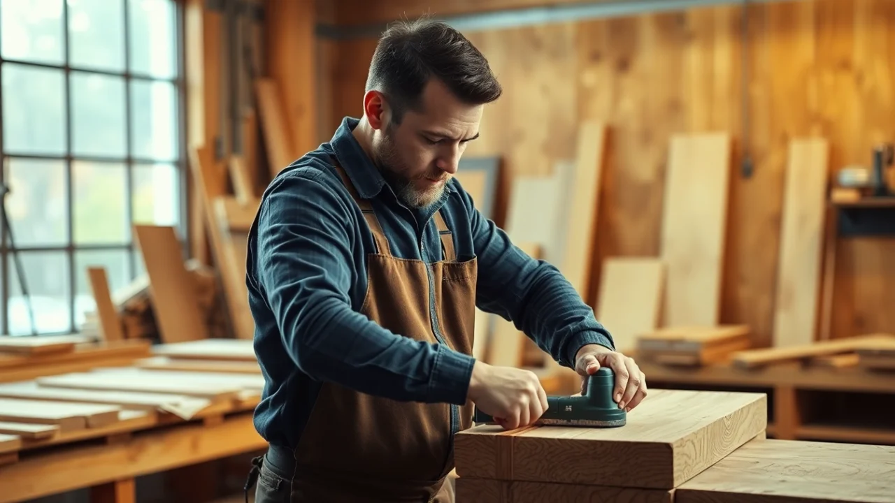 Carpenter expertly measuring wood planks in a workshop, showcasing precision craftsmanship and professional tools for high-quality carpentry work.