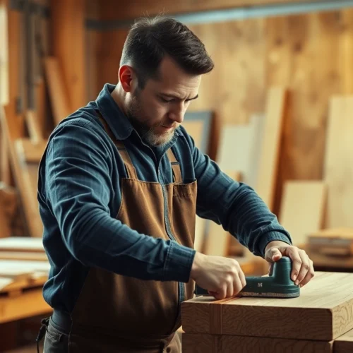 Carpenter expertly measuring wood planks in a workshop, showcasing precision craftsmanship and professional tools for high-quality carpentry work.