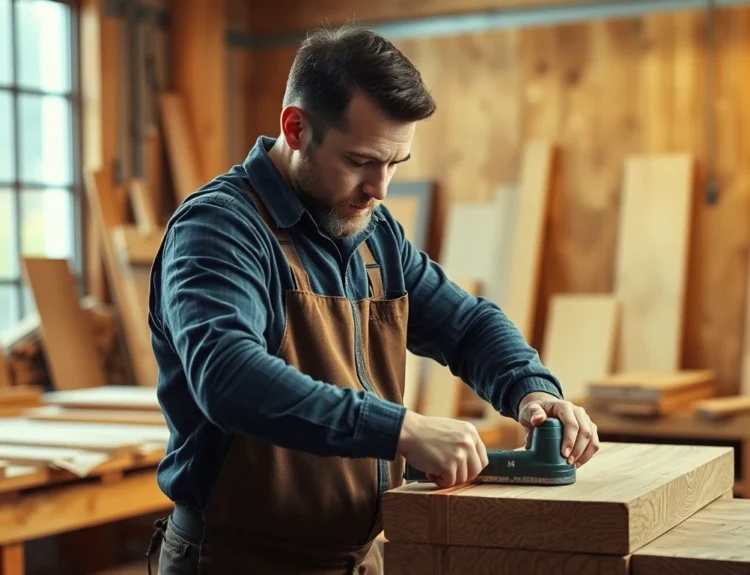Carpenter expertly measuring wood planks in a workshop, showcasing precision craftsmanship and professional tools for high-quality carpentry work.