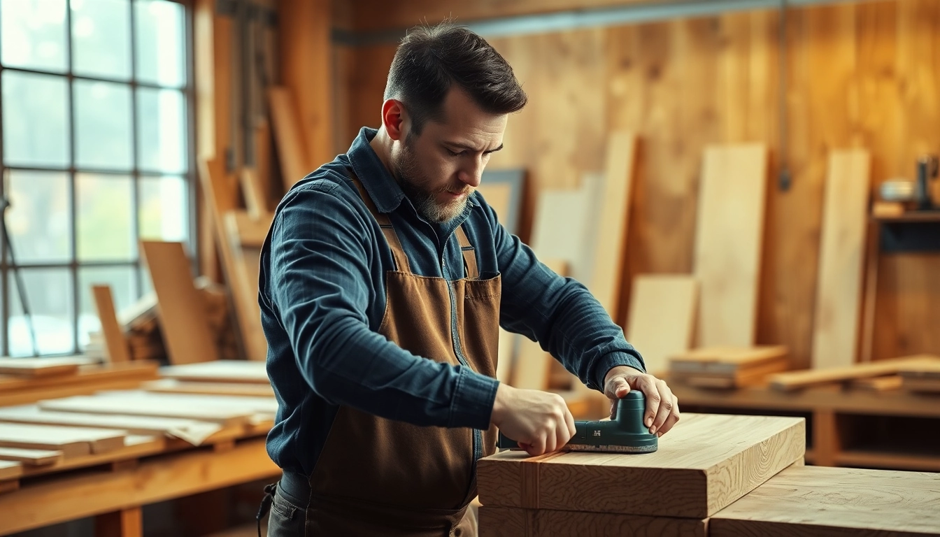 Carpenter expertly measuring wood planks in a workshop, showcasing precision craftsmanship and professional tools for high-quality carpentry work.