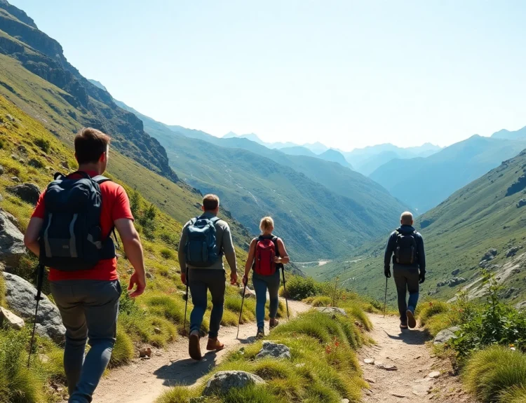 A guided hike through lush mountain terrain with expert guide leading hikers on a scenic trail.