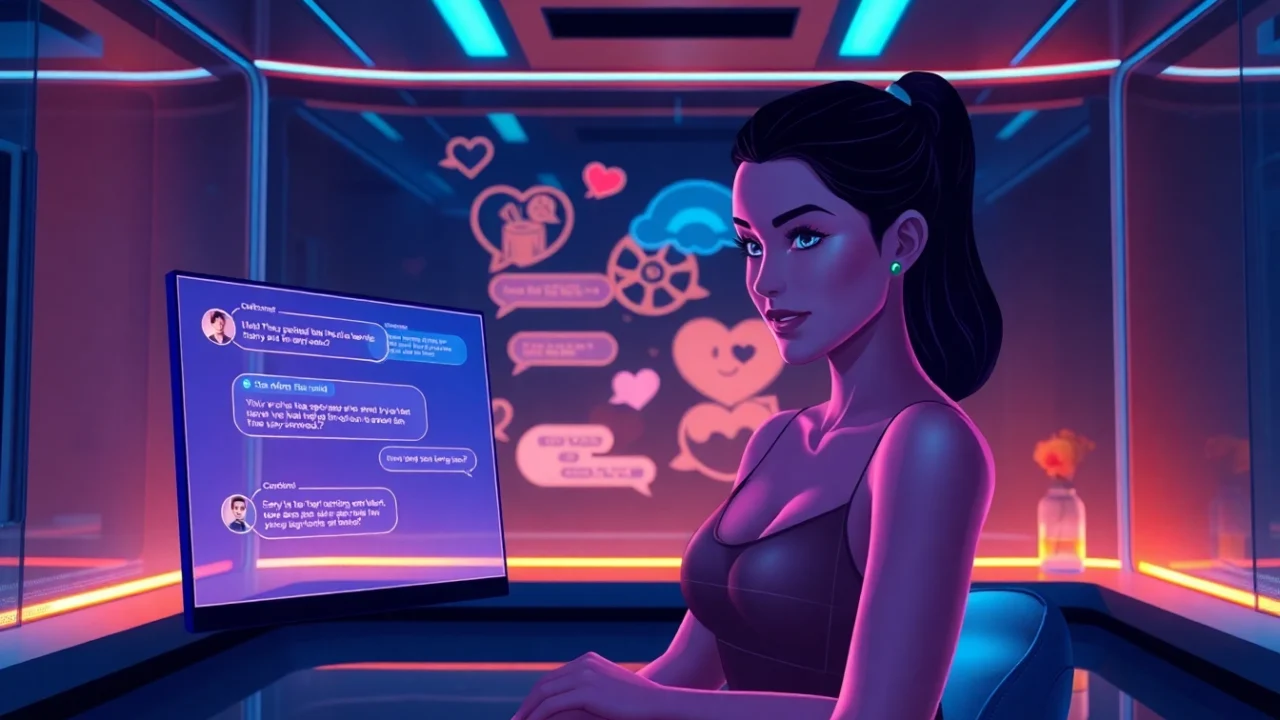 Futuristic digital scene of AI chat environment with a virtual AI avatar and glowing user interface