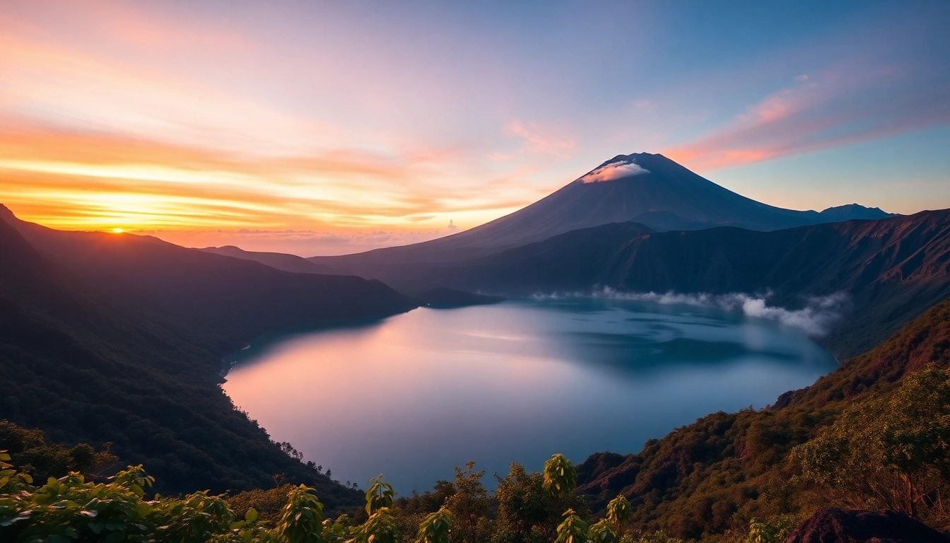 An inspiring sunrise over Mount Rinjani with lush foreground and crater lake, showcasing volcanic landscape and vibrant sky.