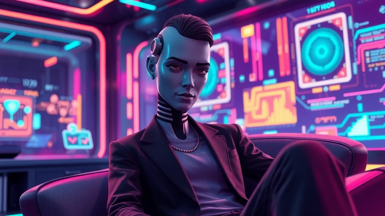 Futuristic AI character in a neon-lit digital environment, emphasizing intimacy and advanced technology.