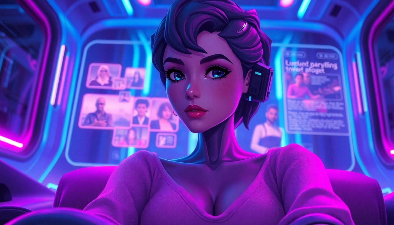 Futuristic AI character in a neon-lit virtual environment engaging in role-play with visual elements.