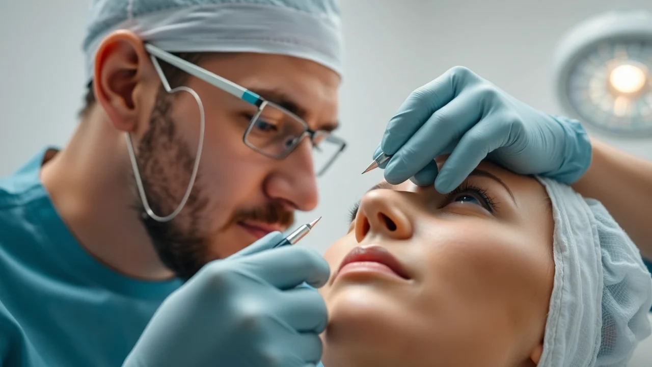 Expert performing Oberlidstraffung Zürich in a sterile clinic, emphasizing precision and care for rejuvenated eyelids.
