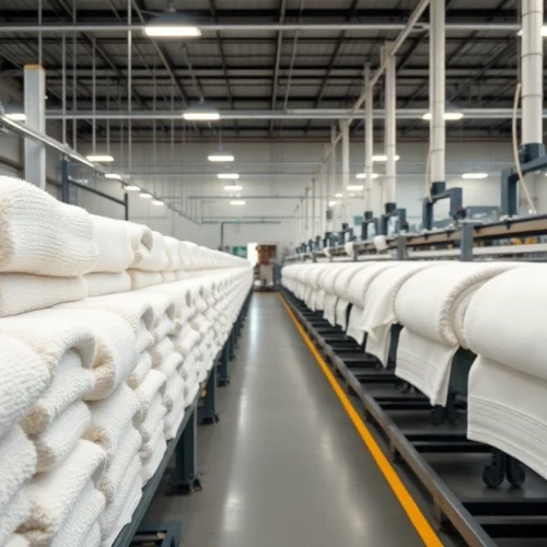 Professional towels manufacturer in USA showcasing plush fabrics and industrial production lines for high-quality towels.