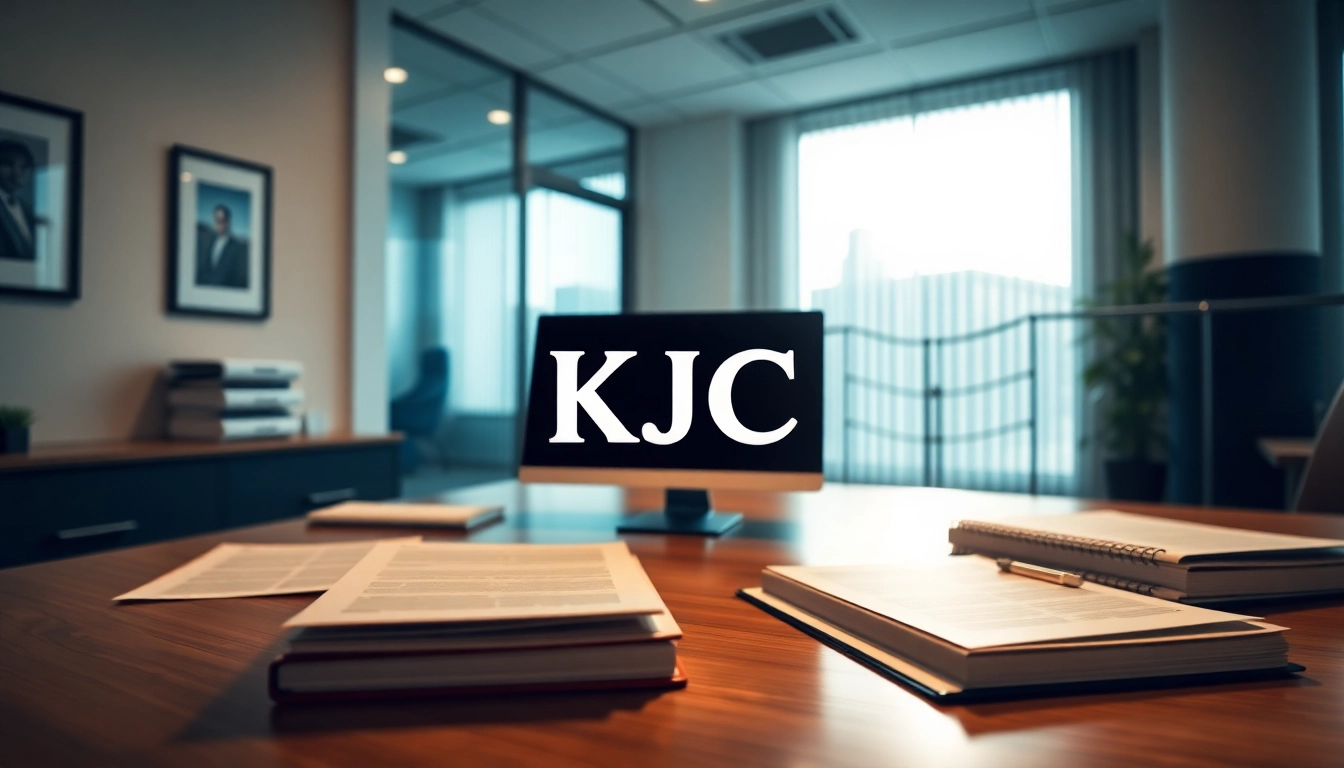 Legal professionals collaborating at KJC with legal forms and digital tools, emphasizing trust
