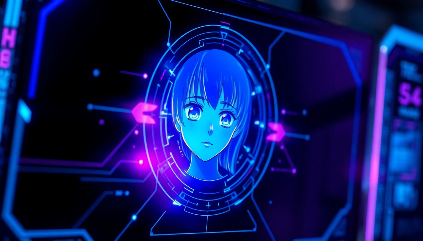 Futuristic holographic AI interface with anime-inspired avatar and vibrant neon colors