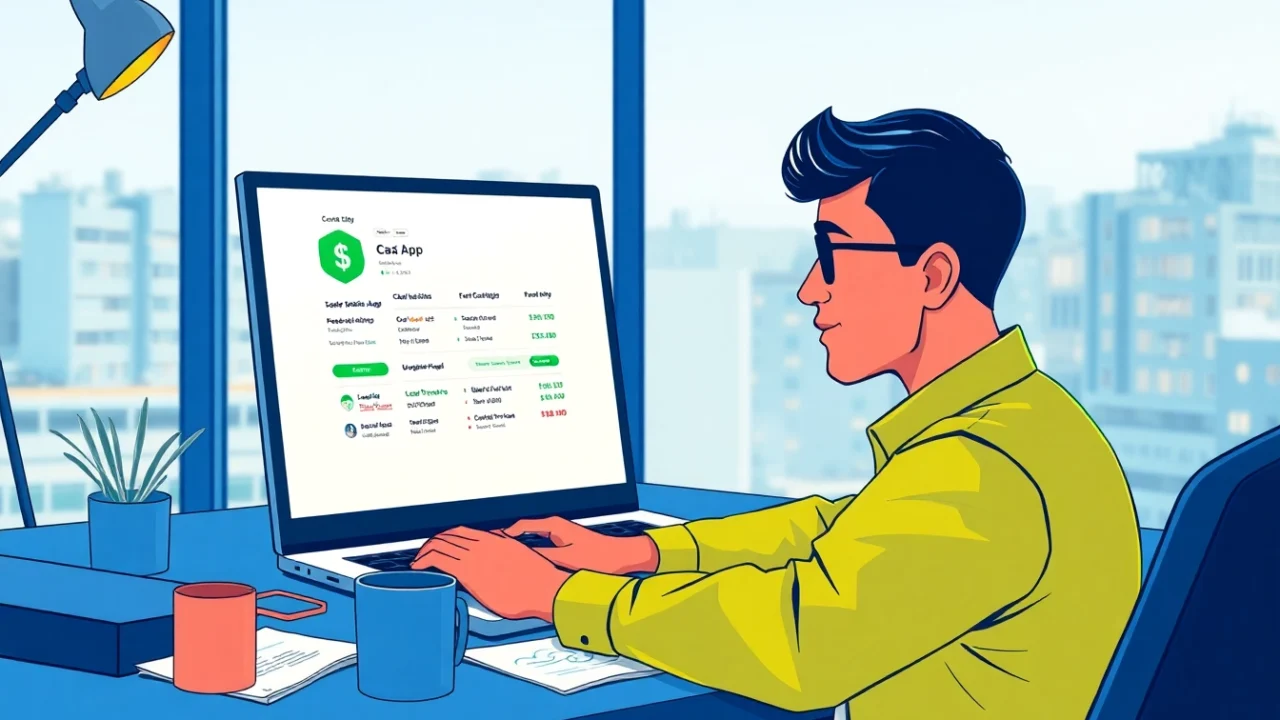 A person using a laptop with the Cash App interface in a modern workspace