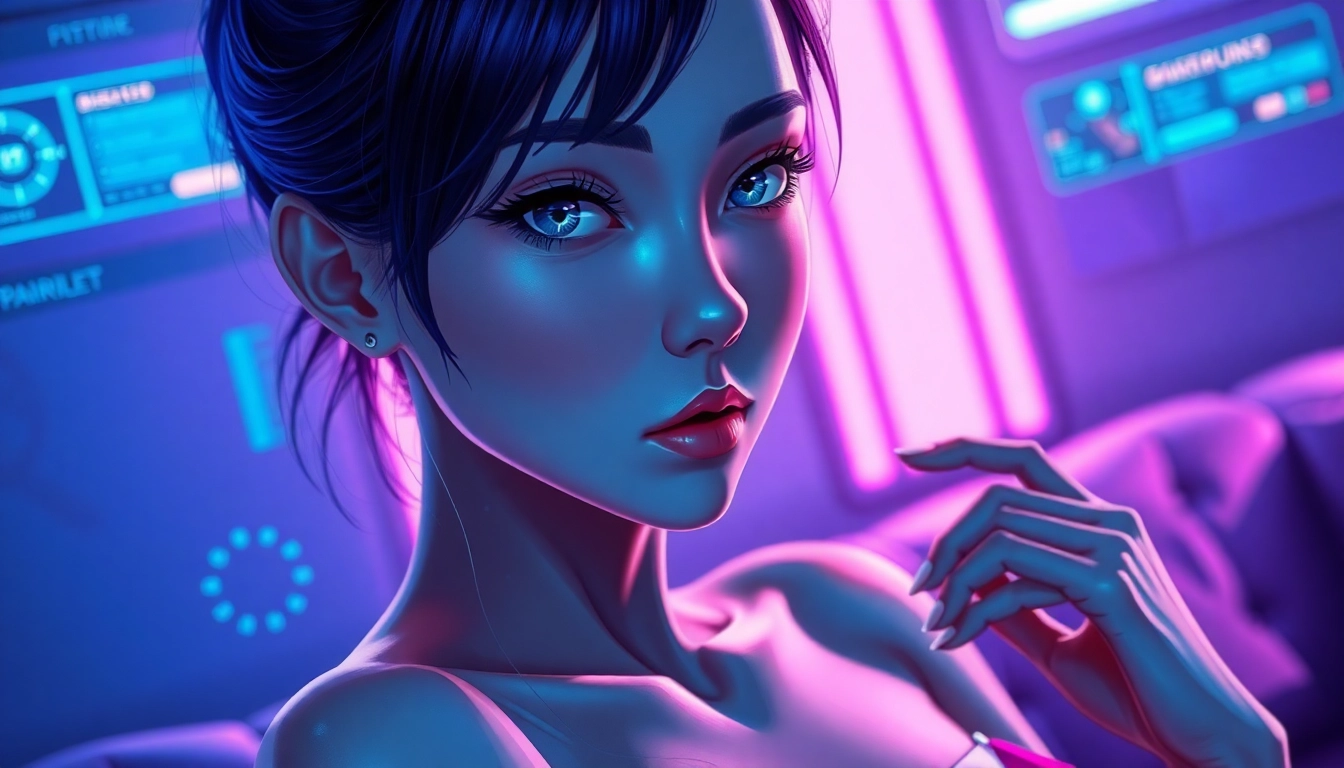 A realistic and anime-style female AI character in a futuristic, neon-lit room, emphasizing sensuality and high-tech customization.