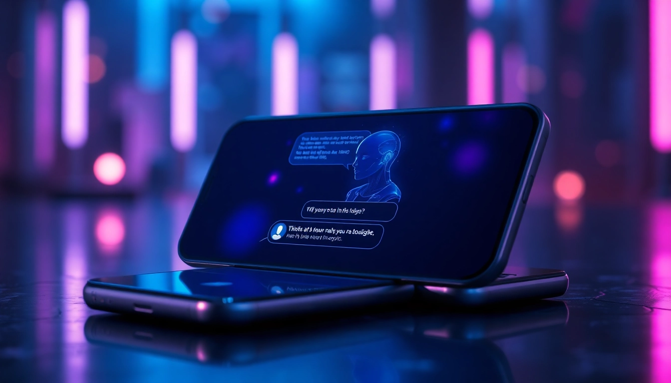 An advanced smartphone displaying a sleek AI chat interface with a digital avatar in a neon-lit, futuristic environment.