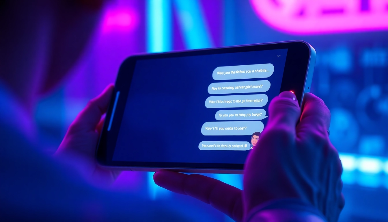 An illustration of a futuristic device screen showing a chat with an AI character, glowing with neon lights in a vibrant, tech-inspired setting.