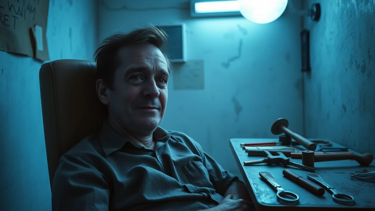 A distressed man restrained in a dark room with unsettling tools and a tense, eerie atmosphere.