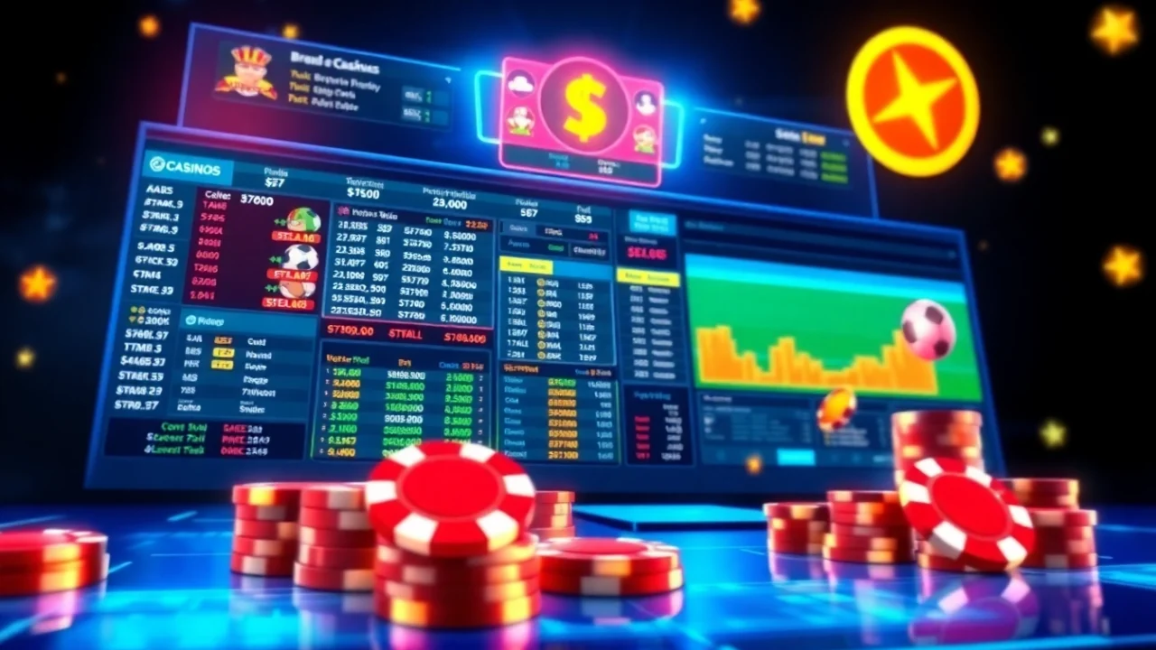 Digital illustration of an exciting online sportsbook and casino platform with vibrant colors and dynamic lighting.